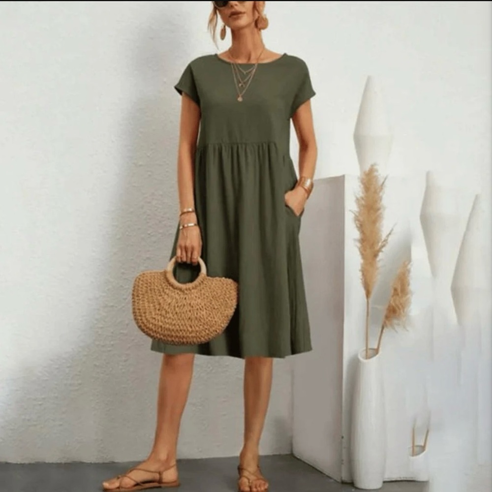 Olive Green Casual Midi Dress